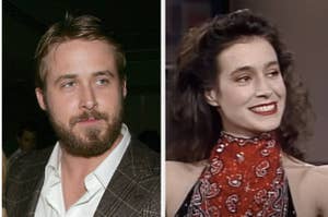 Ryan Gosling in a checkered suit jacket, and Sean Young in a patterned bandana-like top, both smiling