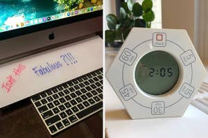 Note with "Isn't this Fabulous?!!!" on a desk and an octagonal digital timer set to 2:05 PM in an article about trendy office gadgets