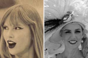 Taylor Swift and a woman in an old fashioned hat in side-by-side photographs