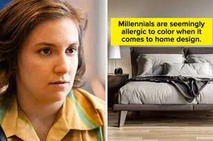 Lena Dunham on the left looks thoughtful, and a minimalistic modern grey bedroom on the right. Text: "Millennials are seemingly allergic to color when it comes to home design."