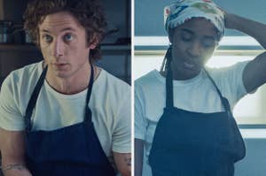 Jeremy Allen White and Ayo Edebiri in aprons in scenes from "The Bear"