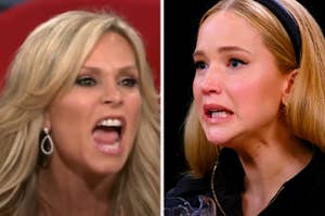 Tamra Judge and Jennifer Lawrence in a split-screen image, both appear to be engaged in intense, emotional expressions; Tamra is shouting, Jennifer looks upset