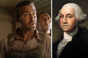 George Clooney in overalls with a surprised expression, scene from a film. Portrait of George Washington