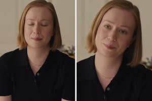 Two side-by-side photos of Hacks actress in a black shirt. In the left image, she has her eyes closed, and in the right image, she is smiling