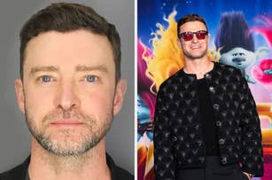 Left: Justin Timberlake headshot. Right: Justin Timberlake wearing a black patterned jacket and sunglasses at a "Trolls" movie event with animated characters in the background