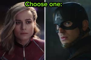 Brie Larson as Captain Marvel and Chris Evans as Captain America. Text at top reads: "Choose one:"