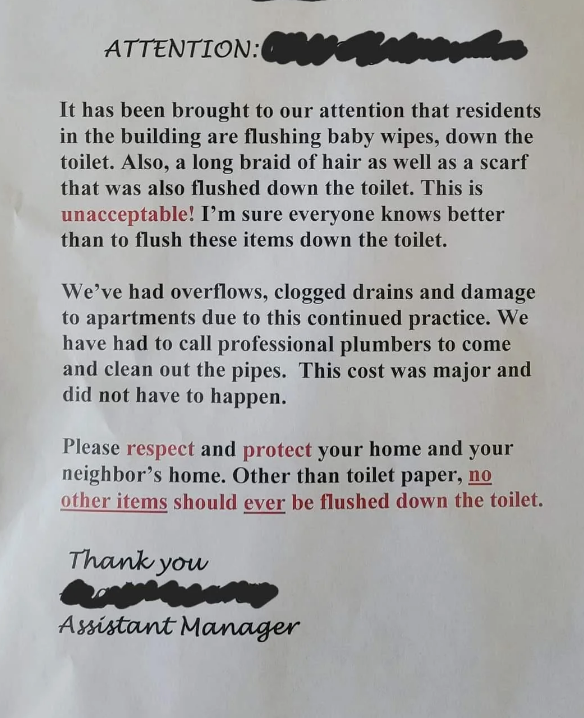 Notice to residents about flushing baby wipes and a long braid of hair down the toilet, causing clogs and damage. Only toilet paper should be flushed