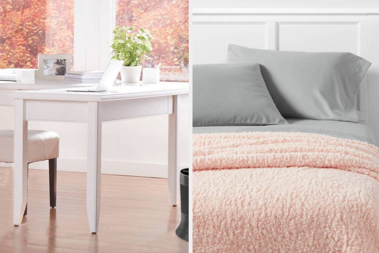 Left: a white desk with a laptop on top. Right: a pink fleece blanket on a bed