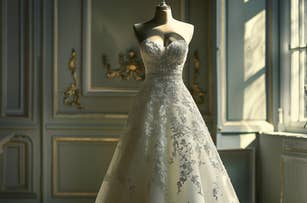 An elegant strapless wedding dress with intricate lace details is displayed on a mannequin in a sophisticated setting