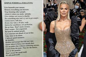 Khloé Kardashian on the red carpet in a beaded gown, posing. The left has a list titled "Simple Formula for Living" with various life advice statements