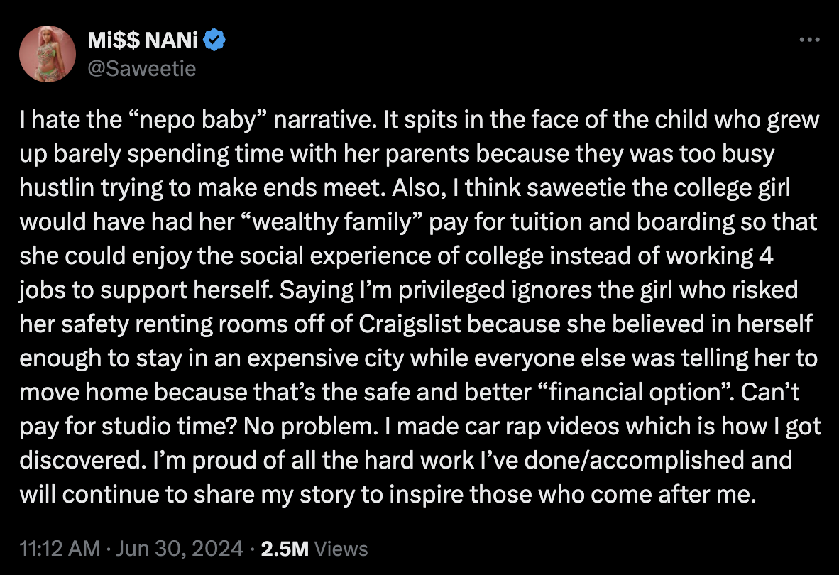 Tweet by Miss Nani (@Saweetie) expressing frustration with the &quot;nepo baby&quot; narrative. She details her hardworking background and shares achievements to inspire others