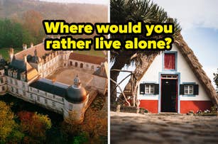 Split image with text "Where would you rather live alone?" Left side shows a large historic chateau, right side shows a small traditional cottage