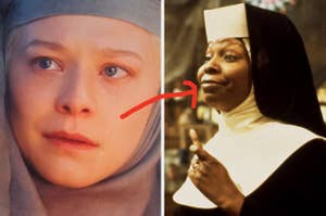 Rhaenyra, dressed as a nun, with a tear on her face, edited next to Whoopi Goldberg, in a nun habit, smiling mischievously in a scene from "Sister Act"