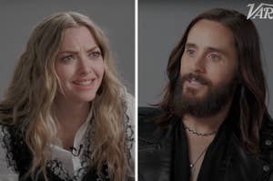 Amanda Seyfried and Jared Leto during a Variety interview, both wearing casual attire