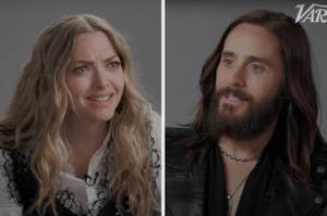 Amanda Seyfried and Jared Leto during a Variety interview, both wearing casual attire