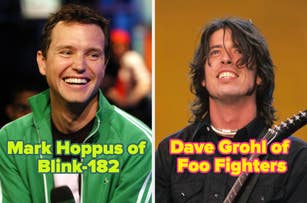 Mark Hoppus of Blink-182 wearing a casual jacket, smiling. Dave Grohl of Foo Fighters holding a guitar, looking up and smiling