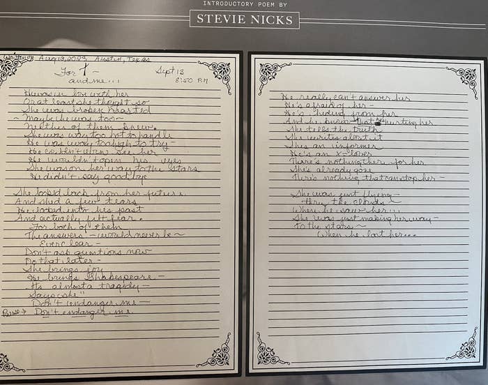 Handwritten introductory poem by Stevie Nicks with date and time noted, discussing her musical inspirations and feelings