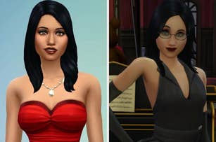 Left image: Character from The Sims with long black hair, wearing a strapless red dress and a necklace. Right image: Similar character wearing glasses and a black dress