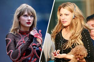 Taylor Swift performs holding a microphone on the left. Blake Lively walks holding an ipod and a dog on the right