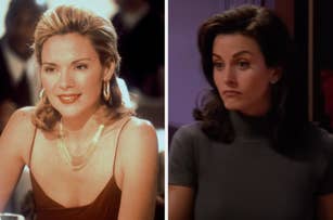 Kim Cattrall in a sleeveless top with a necklace and Courteney Cox in a turtleneck sweater, both in separate scenes