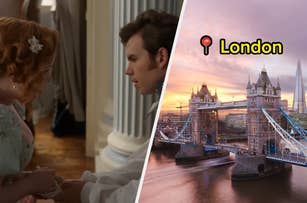 A couple dressed in formal attire from an earlier era appear to be in a serious conversation. Next to them is an image of London's Tower Bridge at sunset with the label "London."