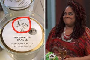 A glass-scented candle labeled "Jizz" next to a photo of an woman looking like she's about to burst out laughing