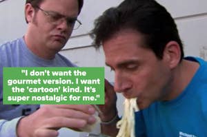 Rainn Wilson holds a napkin while Steve Carell eats a forkful of noodles or pasta