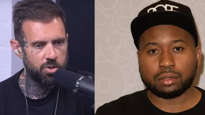 Adam22 wearing casual clothes speaks into a microphone; DJ Akademiks wears a black cap and T-shirt
