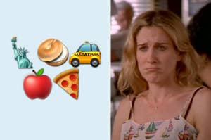 Woman with wavy hair makes a pouty face; her dress has a sailboat pattern. Emojis: Statue of Liberty, bagel, taxi, apple, pizza slice