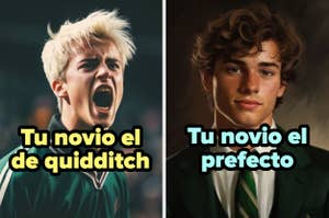 Draco Malfoy gritando, texto: "Tu novio el de quidditch". Tom Riddle con expresión seria, texto: "Tu novio el prefecto"