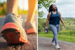 Close-up of someone's running shoes on a trail (left). A person walks outside holding a water bottle, wearing athletic gear and sunglasses (right)