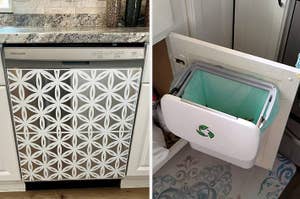 vinyl magnetic decoration on dishwasher, open recycling bin inside kitchen cabinet