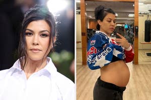 Kourtney Kardashian in two side-by-side images. Left: Close-up, red carpet look in white attire. Right: Pregnant, casual outfit, taking a mirror selfie at the gym
