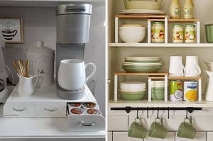 Organized kitchen shelves with a coffee station, mugs, plates, bowls, and neatly stored food jars and condiments