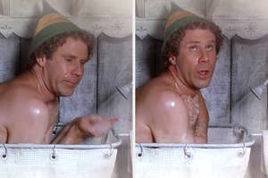 Will Ferrell as Buddy the Elf from the movie "Elf" in a bathtub, on a scene where he is taking a shower, with humorous expressions