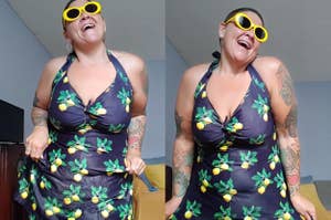 Woman in a tropical print dress and yellow sunglasses laughing in a dual pose