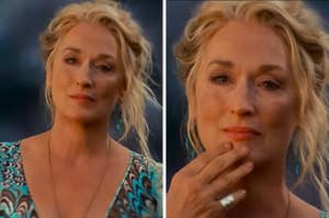 Meryl Streep, with a casual hairstyle and a patterned outfit, appears thoughtful in a scene from Mamma Mia