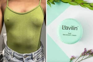 A person is wearing a green spaghetti strap top and denim jeans on the left. On the right, Lavilin foot deodorant cream container is next to green leaves and flowers