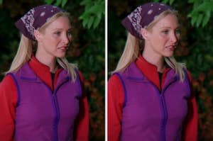 Lisa Kudrow wearing a headscarf and a vest, standing outdoors. Her hair is down, and she is looking to the side