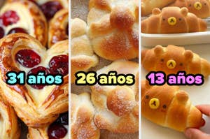 Pastry con crema y cerezas con el texto "31 años," pan dulce "26 años," y pan en forma de osito "13 años."