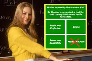 Alicia Silverstone in a classroom setting with a TV show question: "Be Clueless in remembering that the 1995 comedy had its roots in this Austen tale." The answer is "Emma."