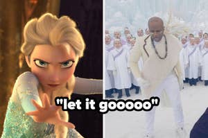 Split image: Left, Elsa from Frozen, arm extended with text "Let it gooo." Right, a man in white attire leading a group of children dressed in white