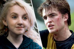 Evanna Lynch, with wavy hair and colorful earrings, smiles on the left. Robert Pattinson, with a scratched face, appears intense on the right