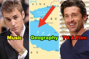 Three-part image. Left: Justin Bieber in a suit with "Music" text. Middle: Map of the Sea of Azov with "Geography" text. Right: Patrick Dempsey smiling, "TV & Film" text