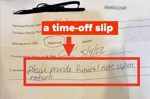 Document for employee leave approval dated 5/4/22. Optional days approved starting 5/13/22. Comment requests funeral note upon return