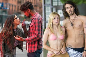 Left: Gina Rodriguez and LaKeith Stanfield arguing in "Someone Great" Right: Kristen Bell and Russell Brand in beach attire in "Forgetting Sarah Marshall"