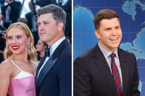 Scarlett Johansson and Colin Jost on the red carpet in elegant attire; Jost also shown hosting "Saturday Night Live."