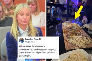 Gwyneth Paltrow sits in court on the left. On the right, a pasta flight and a glass of water are on a restaurant table, highlighted by a yellow arrow. Tweet by Brandon Pope reads: "Milwaukee’s food scene is UNDERRATED and deserves respect. Crew dinner las