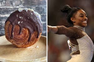 A chocolate-drizzled pastry on the left, gymnast Simone Biles performing a routine on the right