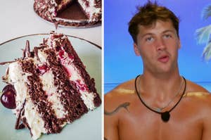 A slice of chocolate cake with cream and fruit filling is shown on the left. On the right, a shirtless man with a tattoo on his shoulder speaks into a microphone